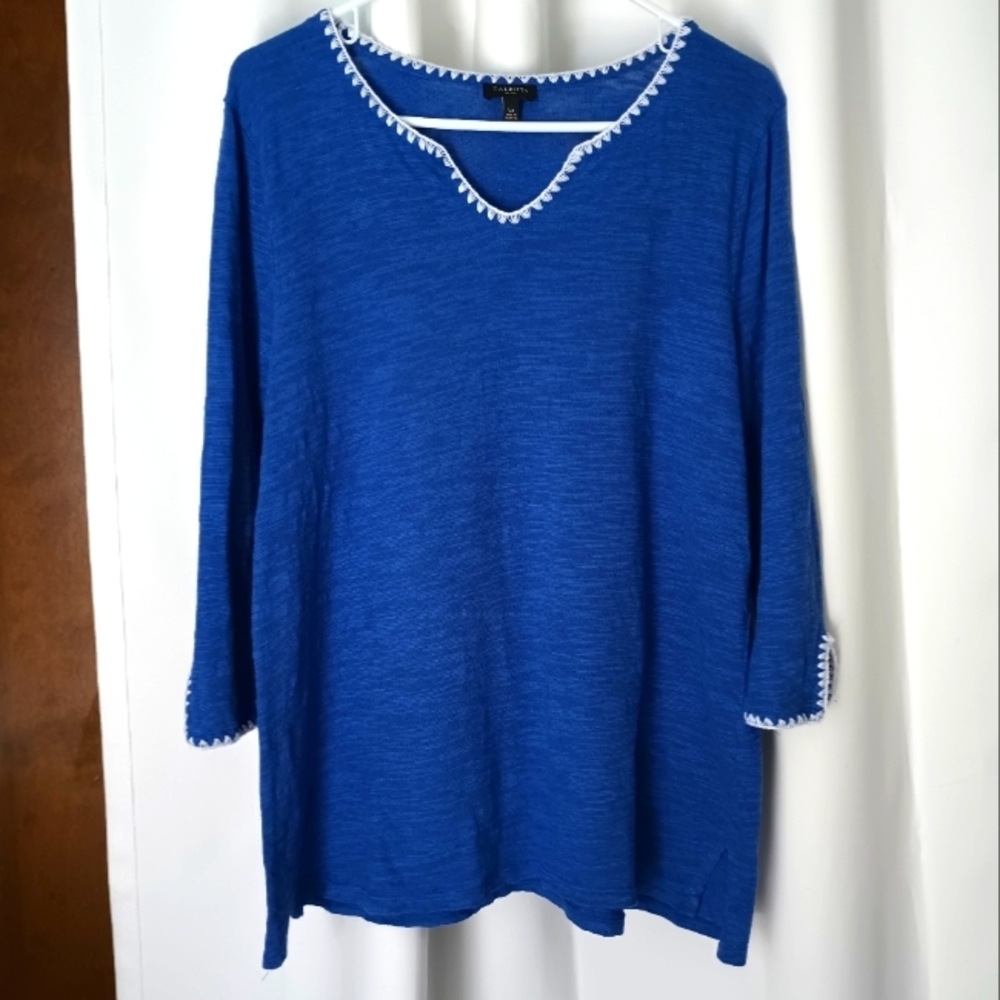 Talbots Embroidered Tunic Top Cobalt Blue Linen Blend Womens Large Petite